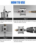 Instructions illustration for using the Heavy Duty Carbide Hole Saw Kit For Metal, 14 Piece Set With Titanium Plated Pilot Centers And L Wrenches.