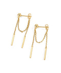Ball Drop Earrings In Sterling Silver Posts With Yellow Gold Tone Chains, 19.5mm Dangle, 23mm Back Chain And 20mm Front Chain, Everyday Dope Chic Jewelry For Casual Wear Or Dressy Nights. Pair shown on white background