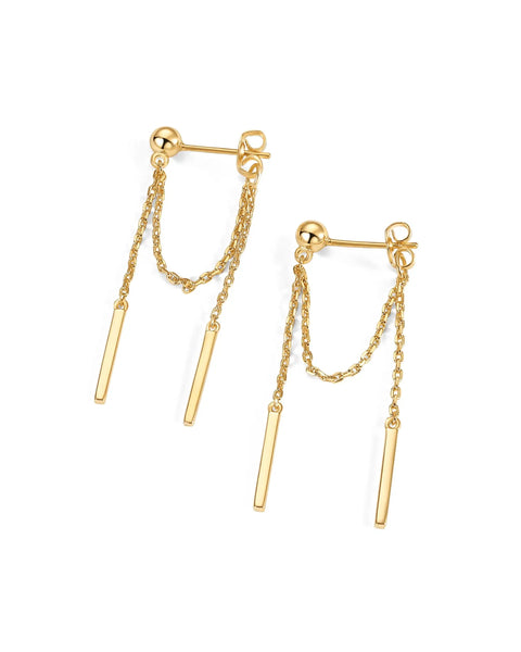 Ball Drop Earrings In Sterling Silver Posts With Yellow Gold Tone Chains, 19.5mm Dangle, 23mm Back Chain And 20mm Front Chain, Everyday Dope Chic Jewelry For Casual Wear Or Dressy Nights. Pair shown on white background