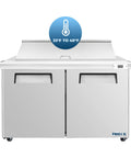 Heavy Duty Workhorse 60 Inch Commercial Refrigerated Sandwich Prep Table Built Tough Stainless Steel two-door unit with temperature display.