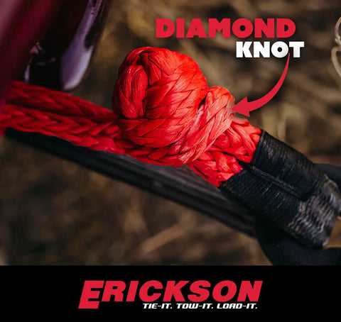 Heavy Duty Uhmwpe Soft Shackle 3 8 Inch By 20 Inches showing a diamond knot in red synthetic rope for off road recovery.