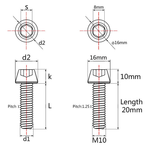 Diagram of Titanium DIN 912 Socket Head Cap Screws M10x25mm Pack Of 4 Grade 5 6AL-4V Hex Allen Bolts with dimensions