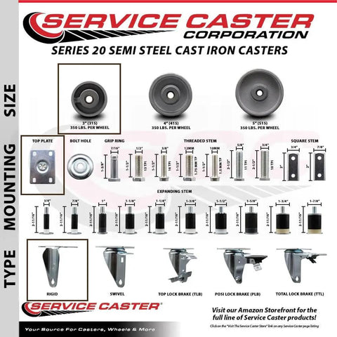 Beefy Swivel Top Plate Caster Set Of 4 With 3 Inch Silver Wheels Semi Steel Cast Iron Casters Includes Two Swivel With Posi Lock Brakes And Two Rigid For 1200 Lb Total Capacity chart showing different caster types and mounts.
