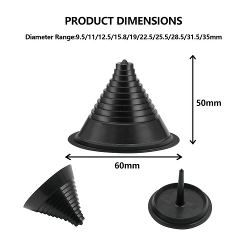 Lawn Mower Blade Sharpening Kit For Drill Use Upgraded Blade Assist Sharpener With Balancer, black plastic cone, dimensions shown