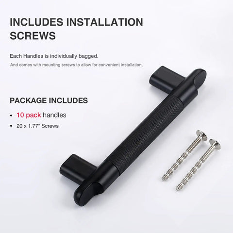 Cabinet Pulls Set With Three And Three Quarters Inch Center To Center, Grippy Knurling Handles, 10 Pack In Grey Nickel, Solid Aluminum And Zinc Alloy, with visible installation screws.