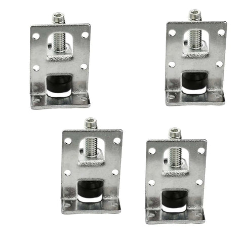 Four 50mm adjustable leveling feet for tables and furniture posts in steel, shown from front angle, beefy steel leg levelers