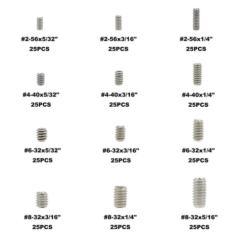 300Pcs Internal Hex Drive Cup Point Set Screws Assortment Kit In 304 Stainless Steel UNC Threads Includes Sizes 2 56 4 40 6 32 8 32 And 12 Varieties For Quick Hardware Fixes For DIYers displayed with size labels.
