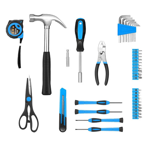 Grab And Go 39 Piece Basic Home Tool Set For DIYers With Quick Fixes In Home Garage Office Or Dorm, Includes Claw Hammer And 20 Screwdrivers, Stored In A Durable Blue Toolbox Storage Case.