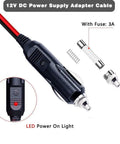 Heavy Duty 12 To 24 Volt Car Charger Cable With Dual DC Plug Sizes For Five Point Five By Two Point One Millimeter And Four Point Zero By One Point Seven Millimeter To Car Cigarette Lighter Male Plug LED Indicator Four Foot Cord And Three Amp Fuse showing LED light and fuse