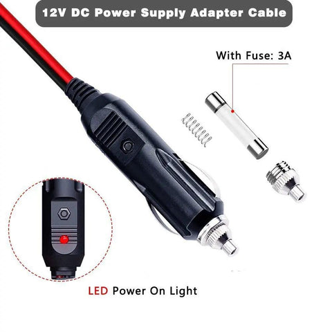 Heavy Duty 12 To 24 Volt Car Charger Cable With Dual DC Plug Sizes For Five Point Five By Two Point One Millimeter And Four Point Zero By One Point Seven Millimeter To Car Cigarette Lighter Male Plug LED Indicator Four Foot Cord And Three Amp Fuse showing LED light and fuse