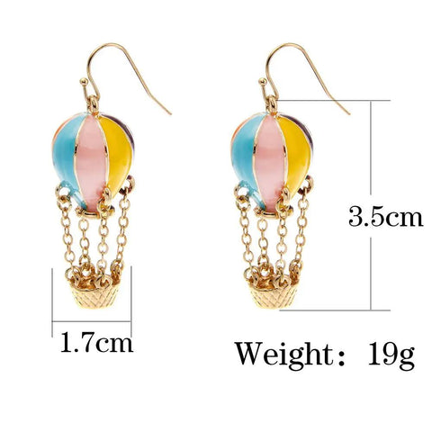 Colorful Enamel Hot Air Balloon Earrings With Gold Tone Chained Basket French Hook Dangle Totally Cute Yellow Balloons 3.5cm x 1.7cm