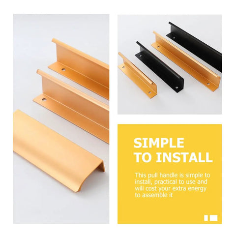 Gold Invisible Flush Pull Handles For Cabinet Doors Four Pack No Drill Install Easy Grip Wardrobe Drawers Kitchen Cupboards And Closets In Modern Gold Finish displayed next to black handles on white background with installation text