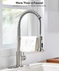 Straight Up Commercial Spring Kitchen Faucet With Pull Down Sprayer In Brushed Nickel showcasing a dual spray mode and towel bar.