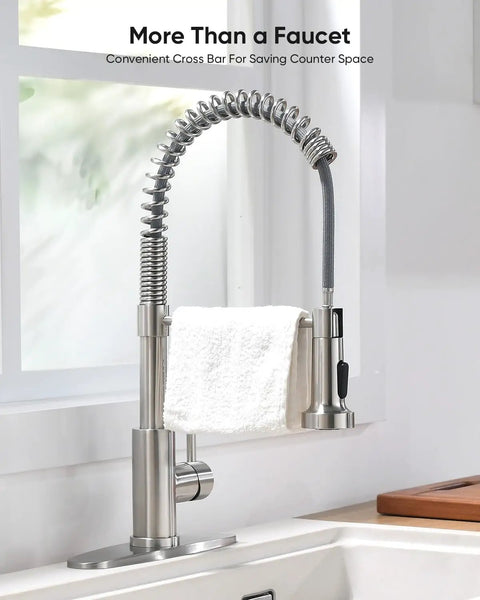 Straight Up Commercial Spring Kitchen Faucet With Pull Down Sprayer In Brushed Nickel showcasing a dual spray mode and towel bar.