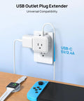 Six In One Wall Outlet Extender With USB C And USB A Ports, 3 Type A Sockets, 1 Type B in use with smartwatch and video game console