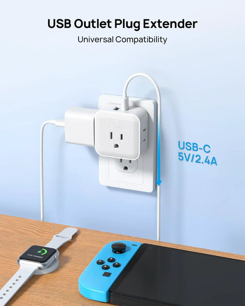 Six In One Wall Outlet Extender With USB C And USB A Ports, 3 Type A Sockets, 1 Type B in use with smartwatch and video game console