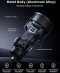 Beast Mode 142.5W Car Charger With Triple Usb Ports delivering PD and QC 3.0 Juice, showing aluminum alloy body and safety features.
