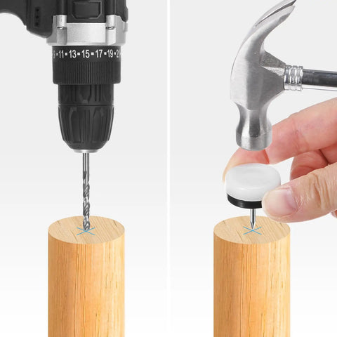 Tough As Nails 40 Pack Furniture Sliders Nail On Chair Leg Protectors installation process with a drill and mallet on wood.