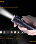Hand holding 2000 Lumen LED Flashlight With Preinstalled Rechargeable Battery Ultra Compact High Lumen Light For Emergency EDC And Search 321 Yard Throw 5 Brightness Modes With Strobe And SOS, illuminating in dark.