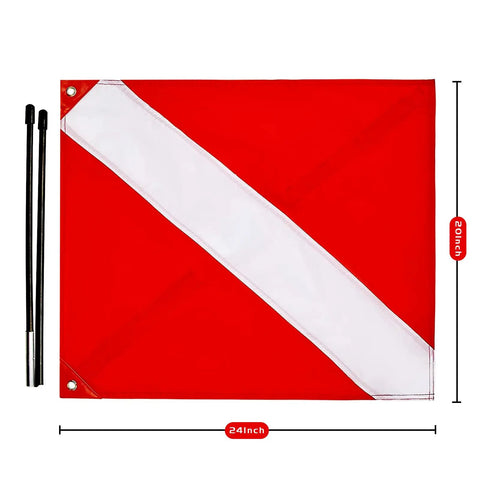 20 X 24 Inch Dive Flag With Removable Stiffening Pole For Scuba Diving Freediving And Spearfishing Red And White Diver Down Boat Flag US Legal Size Pro Grade Visibility For Ocean Waters And Safe Boating, shown flat with dimensions