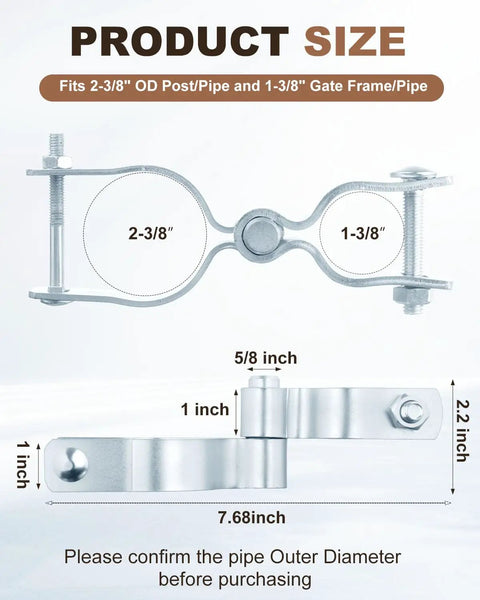 Four Piece Chain Link Fence Gate Hinge Kit With Galvanized Steel Male Post And Female Frame Hinges Fits 2 3/8 Inch OD Male Pipe And 1 3/8 Inch OD Female 5/8 Inch Pin Heavy Duty Easy Install, size chart