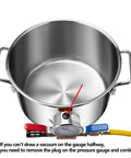 Front view of a 3-gallon stainless steel vacuum chamber with gauge and hose fittings.