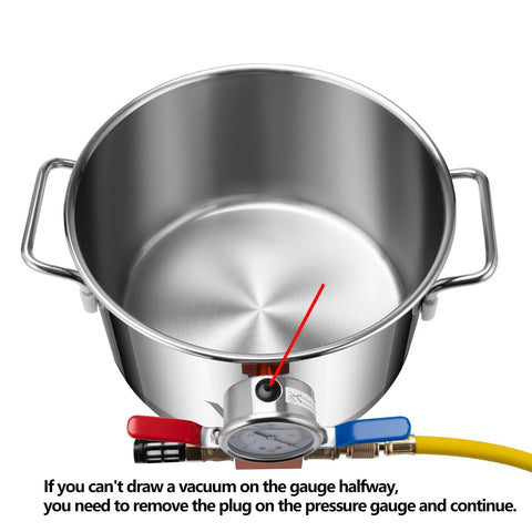 Front view of a 3-gallon stainless steel vacuum chamber with gauge and hose fittings.