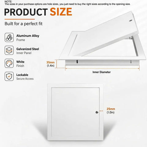 Top Shelf Locking Aluminum Drywall Access Panel With Rock Solid Galvanized Steel Frame And Snug Key Lock Cover. Size details and lockable access.