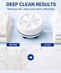 2-in-1 Mini Ultrasonic Washing Machine Portable USB Turbo Washer before and after, cleaning white shirts and compact laundry.
