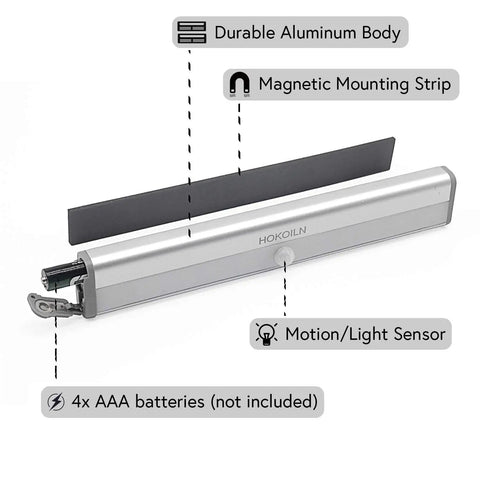 Motion Sensor Closet Night Light 10 LEDs Battery Operated Stick On 3 Pack with aluminum body and magnetic strip