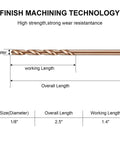 One Eighth Inch Cobalt Drill Bit Set 30 Piece M35 High Speed Steel Twist Bits dimensions diagram showing length and diameter.
