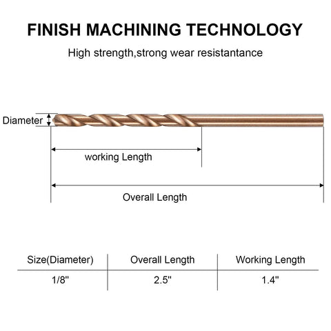 One Eighth Inch Cobalt Drill Bit Set 30 Piece M35 High Speed Steel Twist Bits dimensions diagram showing length and diameter.