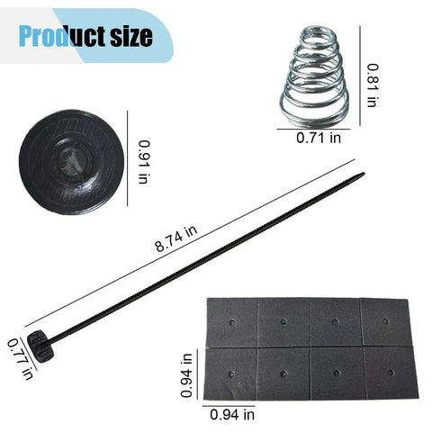 Top Shelf Universal Fan Mounting Kit Featuring Push Through Radiator Cooling Fan Straps And Heavy Duty Installation Bolts Clips Springs Foam Pads For Every Rig components showing size and details.