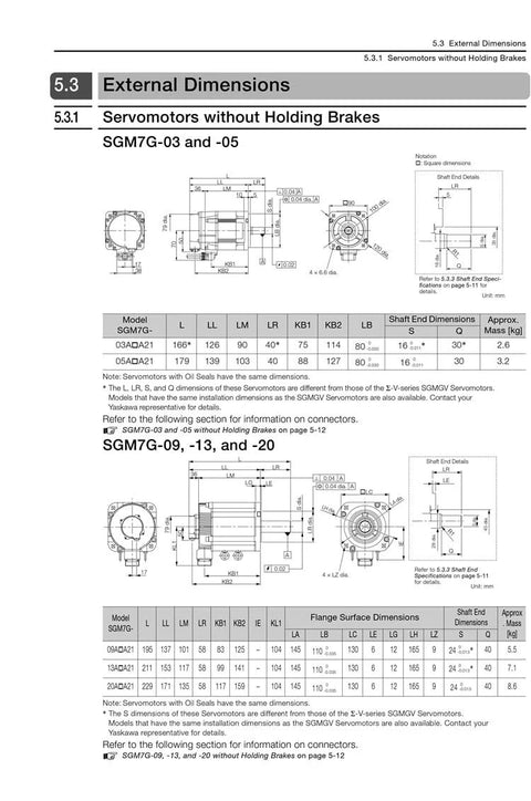 CHUNYE SGM7G servo motor with brake, 1.8 kW, model SGM7G-20AFC6C, external dimension drawings (front and side views)