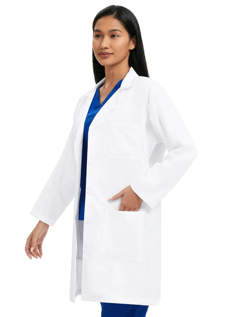 Woman wearing Lab Coat For Women With 3 Pockets White Unisex Medical Coat Relaxed Fit Comfortable Professional Uniform For Clinics