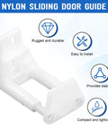 Adjustable Sliding Door Guide Set For Barn And Pocket Doors Floor Guide With Wall Mount RV Sliding Door Hardware Closet Door Guides For Carpet Barn Pocket Door Bottom Floor Guide Includes 2 Packs And 4 Screws, white nylon guide with features labeled.
