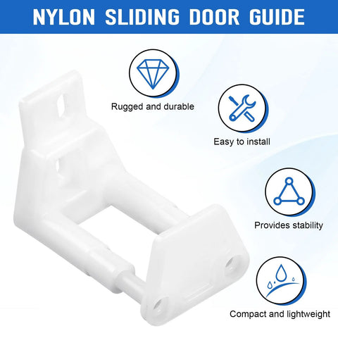 Adjustable Sliding Door Guide Set For Barn And Pocket Doors Floor Guide With Wall Mount RV Sliding Door Hardware Closet Door Guides For Carpet Barn Pocket Door Bottom Floor Guide Includes 2 Packs And 4 Screws, white nylon guide with features labeled.