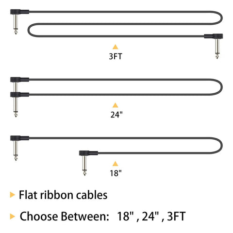 Three Foot Guitar Patch Cables With Quarter Inch TS Right Angle For Effects Pedals in 3FT, 24in, and 18in lengths, flat design