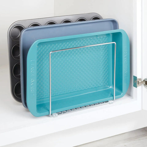 3 Slot Tray And Pan Rack For Kitchen Organization, Metal Wire Pantry Storage holding baking trays in cupboard