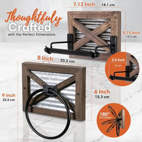 Rustic Farmhouse Toilet Paper Holder And Towel Holder Set Wall Mounted With Weathered Wood Finish And Black Metal Hardware