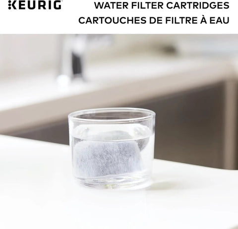 Glass of water with Water Filter Refills For 2.0 K-Cup Pod Coffee Makers, 6 Count Replacement Cartridges beside a sink.