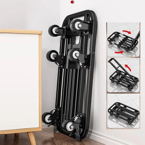 Smooth Rolling Folding Platform Trolley With Durable Steel Frame, Portable Flatbed Cart For No Sweat Household Hauling, Compact Utility Dolly For Garage Storage And Breezy Weekend Project Moving, folded and leaning against a wall.
