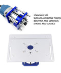 Rock Solid Aluminum Alloy Router Table Insert Plate with Heavy Duty Lift Kit, showcasing 64 to 65mm size and durable anodized finish.