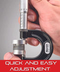 Hands holding Outside Micrometer 0-1 Inch With One-Piece Spindle, Satin Chrome Finish, No-Frills Sleeve Design, .001 Inch Graduation