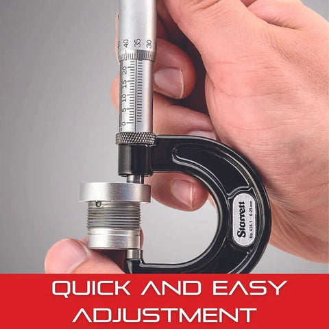 Hands holding Outside Micrometer 0-1 Inch With One-Piece Spindle, Satin Chrome Finish, No-Frills Sleeve Design, .001 Inch Graduation