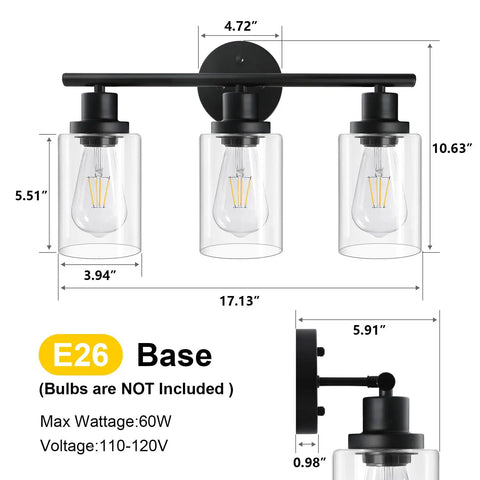 Modern 3 Light Vanity Light Fixture In Black With Clear Glass Shades, E26 Base details and dimensions shown, easy install guide
