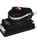 Top Shelf Pneumatic Orbital Sander With Built In Air Regulator And Rubber Over Mold Grip Zips Through Tough Sanding Runs Smooth As Butter For Any Weekend Warrior Workshop Job, close-up view showing black design and air connector.