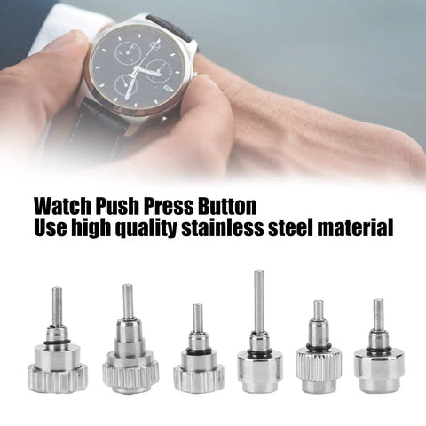 12 Type Stainless Steel Watch Push Press Button Repair Kit with tools and a wristwatch, ideal for watchmakers.