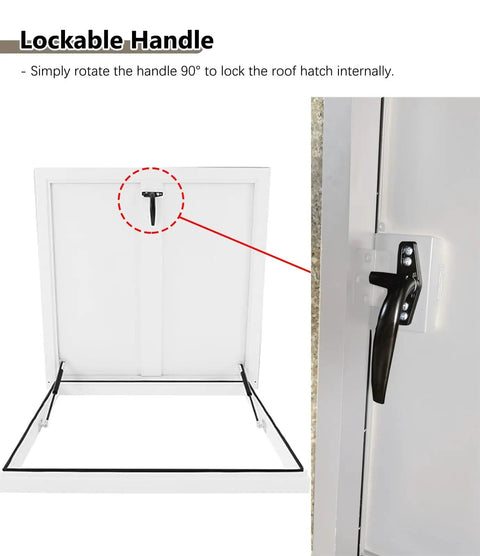 Lockable handle of Rock Solid White Roof Access Hatch With Lockable Handle And Gas Struts Aluminum Galvanized Steel Maintenance Door.