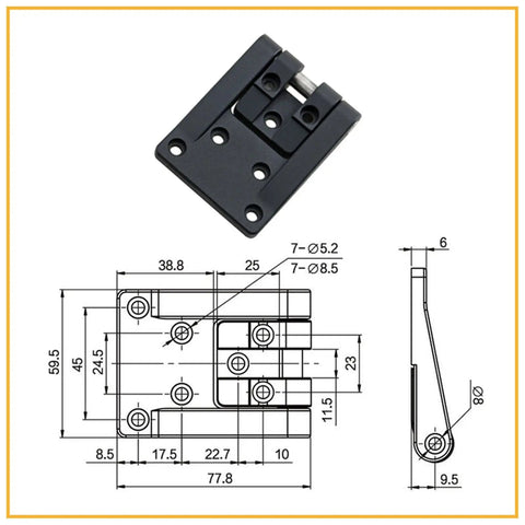 T Shaped Corner Rotating Zinc Alloy Black Distribution Box Hinge for industrial chassis cabinets with technical diagram
